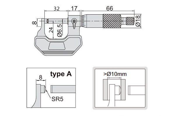 3260-25A Микрометр трубный МТ со сферической пяткой, 0-25 мм, 0.01 мм
